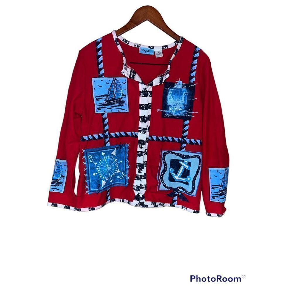 Onque casuals nautical cape cod anchor buttons sailing boats sweater small